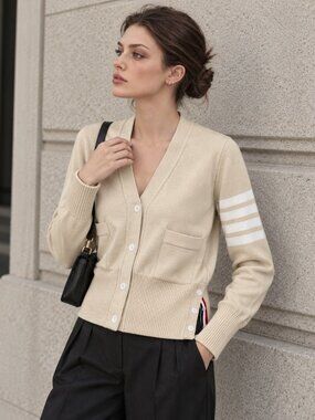 Thom Browne Cream Beige 100% Merino Wool 4-Bar Cardigan Size 0 NWT